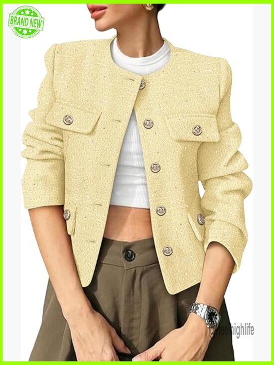 Jackets & Blazers - Cropped Tweed Blazer Collarless Button Down Long Sleeve Pockets